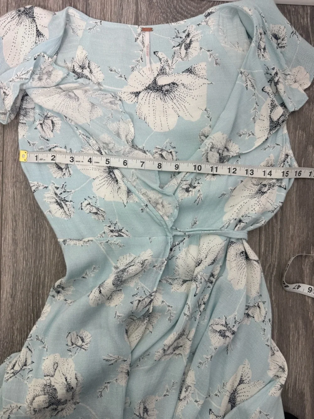 Free People French Quarter Wrap Dress XS Blue Floral Ruffle Boho Mini - Picture 9 of 11